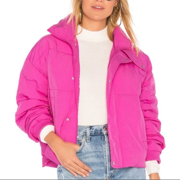 Free People Puffer Jacket Cold Rush Pink Cropped Bright Winter Adjustable Waist | Poshmark