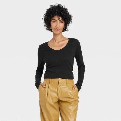 Women's Long Sleeve Ribbed Scoop Neck T-Shirt - A New Day™ | Target