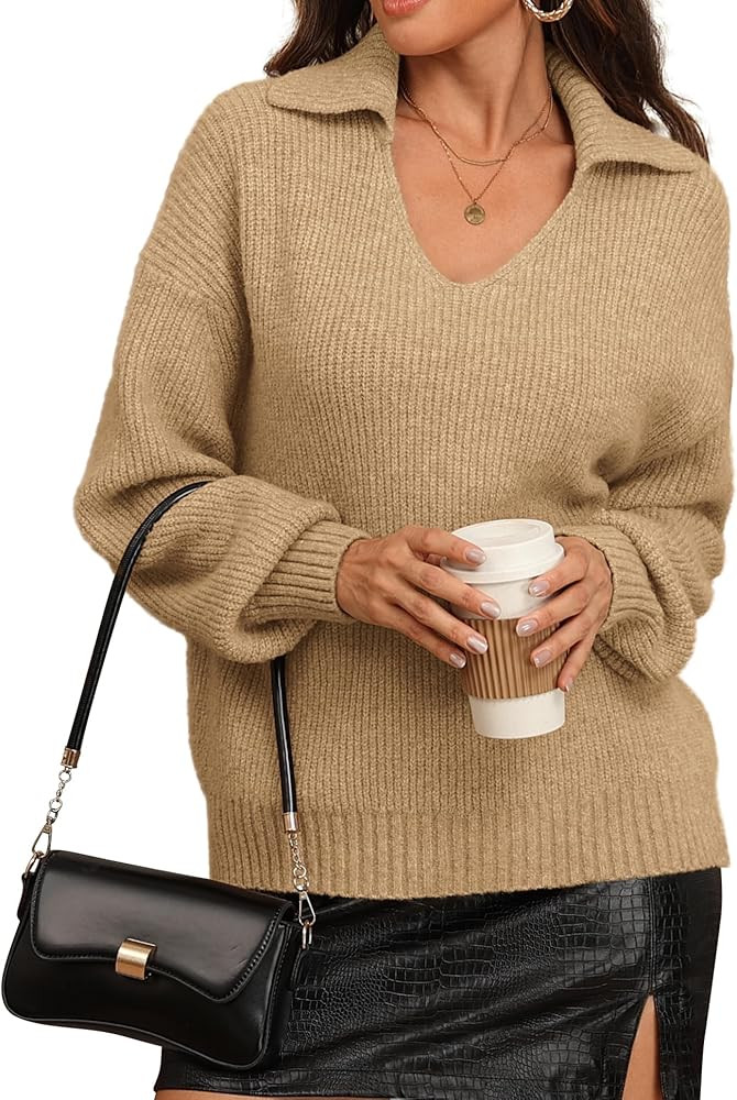 ATHMILE Sweaters for Women Fall Outfits 2025 Fashion Oversized V Neck Lapel Collar Knit Polo Shir... | Amazon (US)