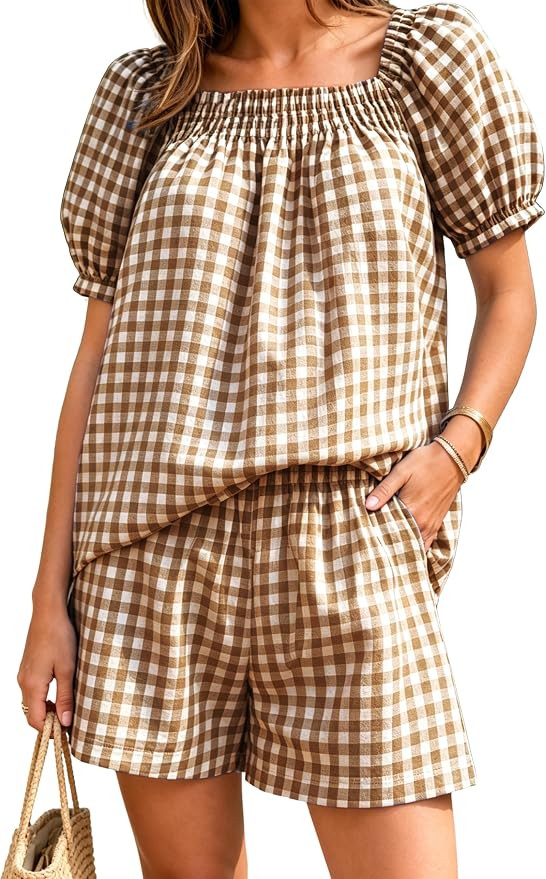 Women Plaid 2 Piece Summer Casual Puff Sleeve Smocked Babydoll Shirt Wide Leg Shorts Matching Lou... | Amazon (US)
