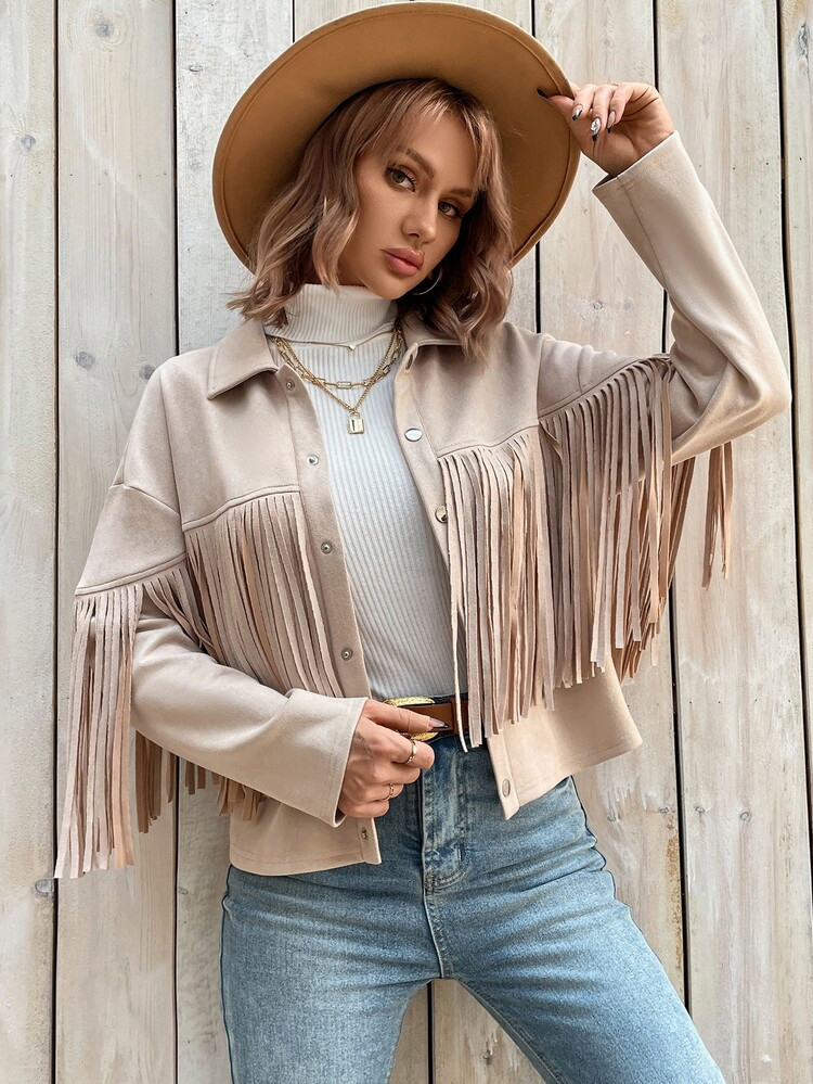 SHEIN VCAY Fringe Trim Drop Shoulder Suedette Jacket | SHEIN