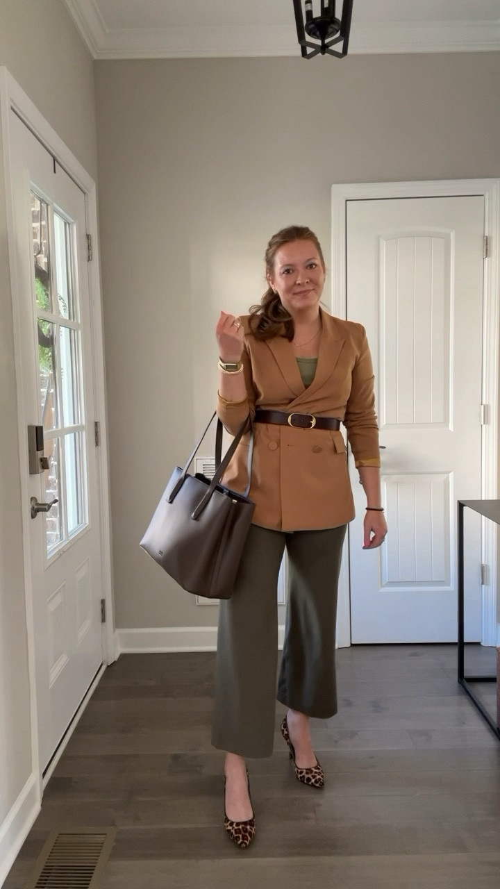 Green tank - on sale for $5! - tts wearing a medium 
Green wide leg cropped pants - tts 
Brown/ tan blazer - tts 
Leopard pumps - linked similar 
Evil eye necklace and bracelet 
Gold bead bracelets 
Gold watch 

#LTKWatchNow #LTKSaleAlert #LTKWorkwear