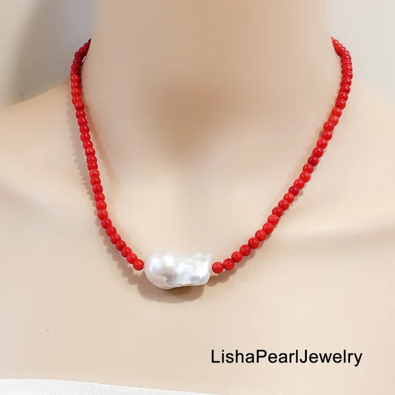 Red coral bead necklace,large freshwater baroque pearl and bamboo coral necklace,red bead and pea... | Etsy (UK)