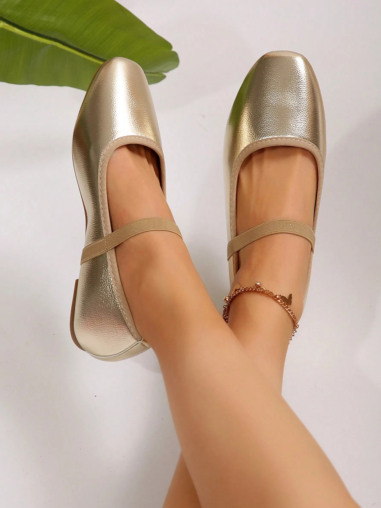 Hatastic 2025 Autumn Women Champagne Color Elastic Band Square Toe Flat Shoes For All Seasons Gifts | SHEIN