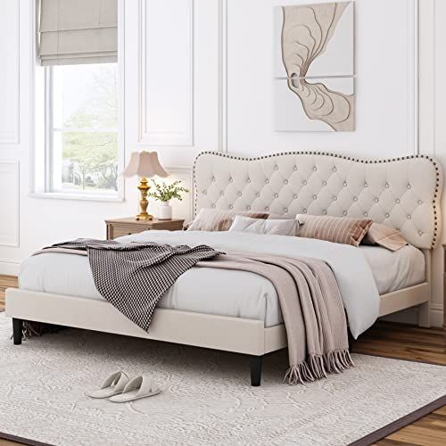 HOSTACK King Size Bed Frame, Linen Fabric Upholstered Platform Bed Frame with Adjustable Headboar... | Amazon (US)