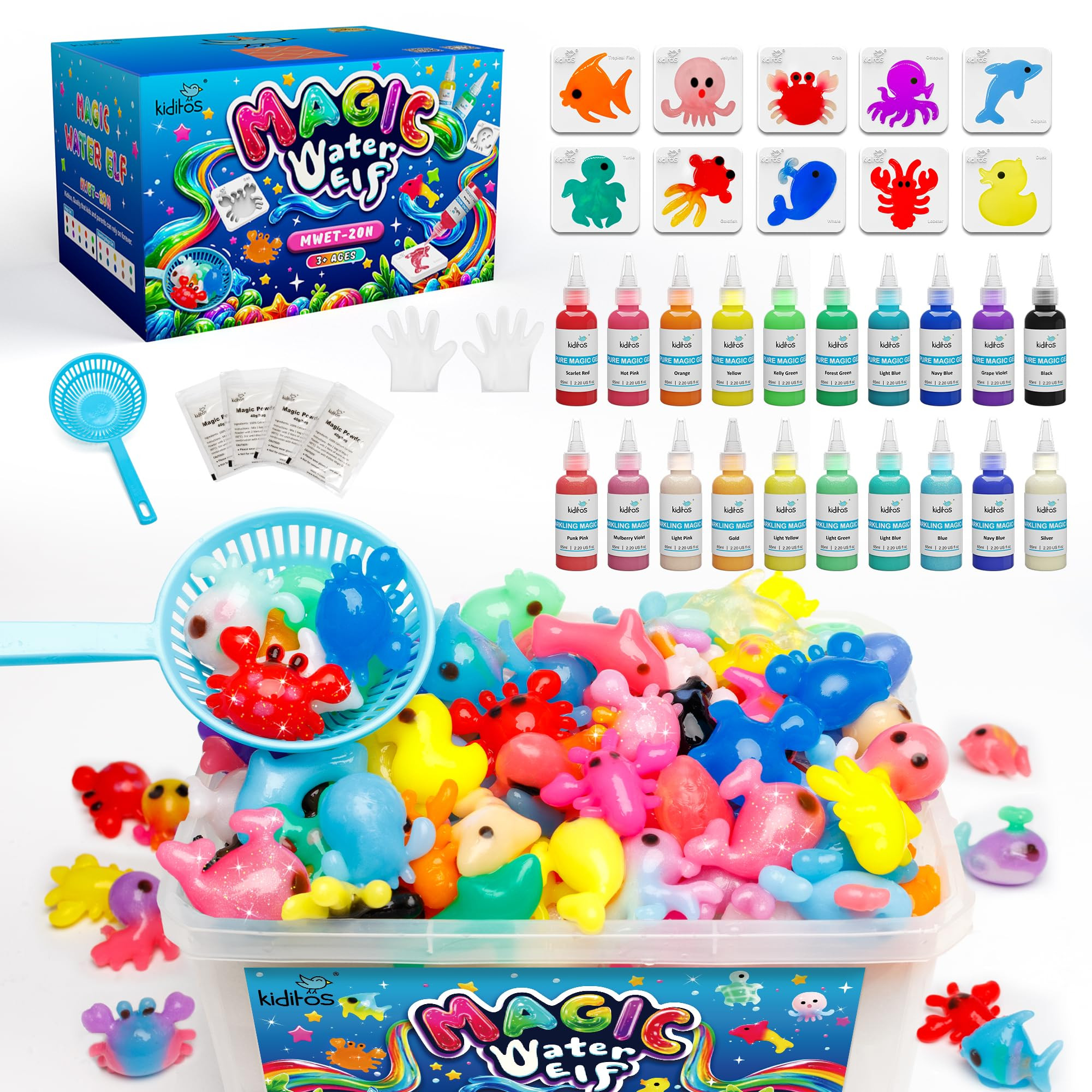 Kiditos Magic Water Elf Toy Kit–Squishies for Kids, 20 Gels & 10 Molds, Magic Gel Water Pets Se... | Amazon (US)