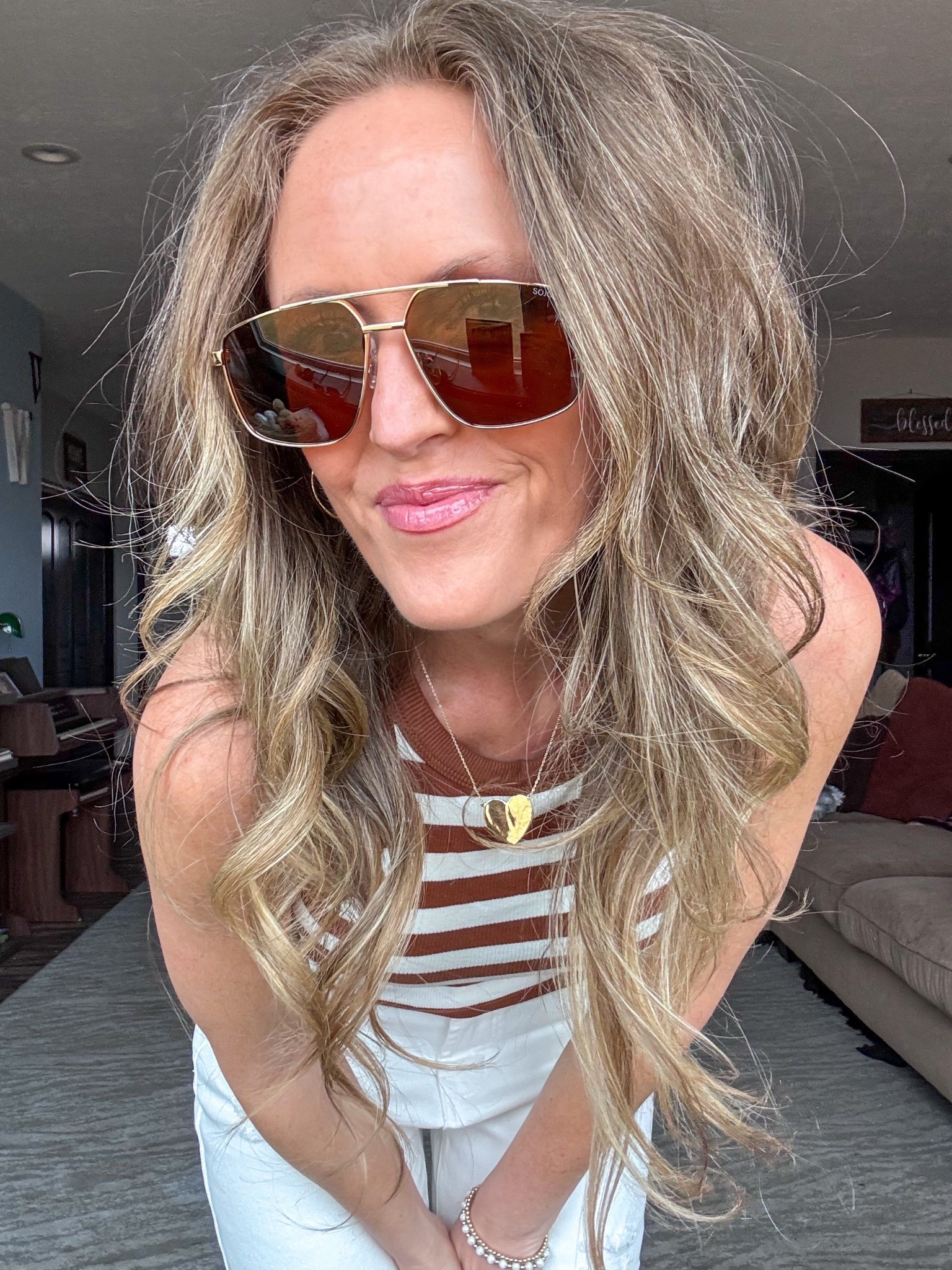 These gold aviator sunglasses are super cute! Loving the gold and brown. Wearing an xsmall in this built in bra tank top! 🤎 

As an Amazon Influencer I earn commission on qualifying purchases.

Striped tank top, aviator sunglasses, affordable fashion, spring style, mom style 

#LTKMidsize #LTKmomlife #LTKOver40