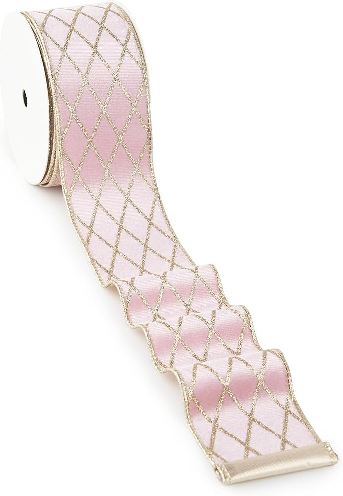 MAYREEL 2.5 Inch Pink and Gold Velvet Wired Ribbon Metallic Diamond Glitter Grid for Christmas Gi... | Amazon (US)
