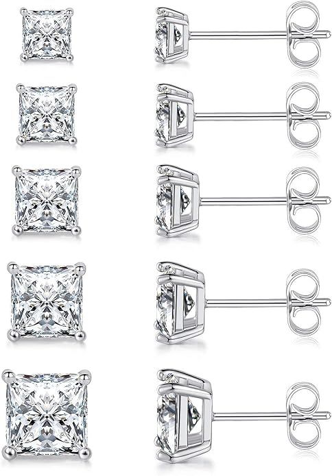 MDFUN 18K White Gold Plated Princess Cut Clear Cubic Zirconia Stud Earring Pack of 5 Pairs… | Amazon (US)
