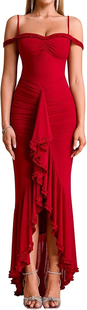 KUTUMAI Women Ruffle Bodycon Maxi Dress Ruched Long Formal Cocktail Wedding Guest Dresses | Amazon (US)