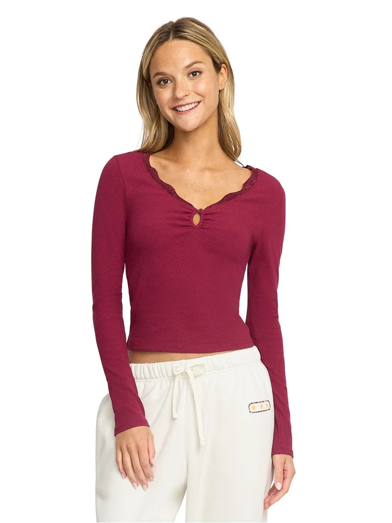 Mills by Millie Bobby Brown Women's Cut and Sew Henley Long Sleeve Top, Sizes XXS-XXXL | Walmart (US)