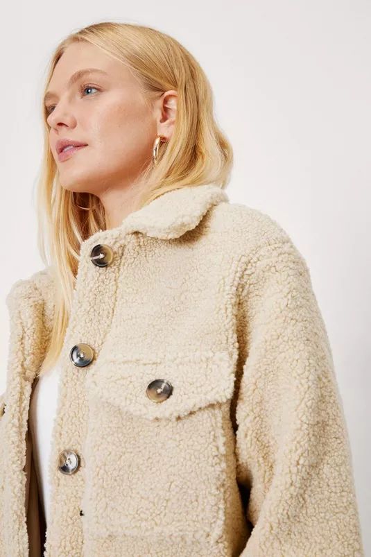 Wool Look Button Down Sherpa Shacket | Nasty Gal (US)