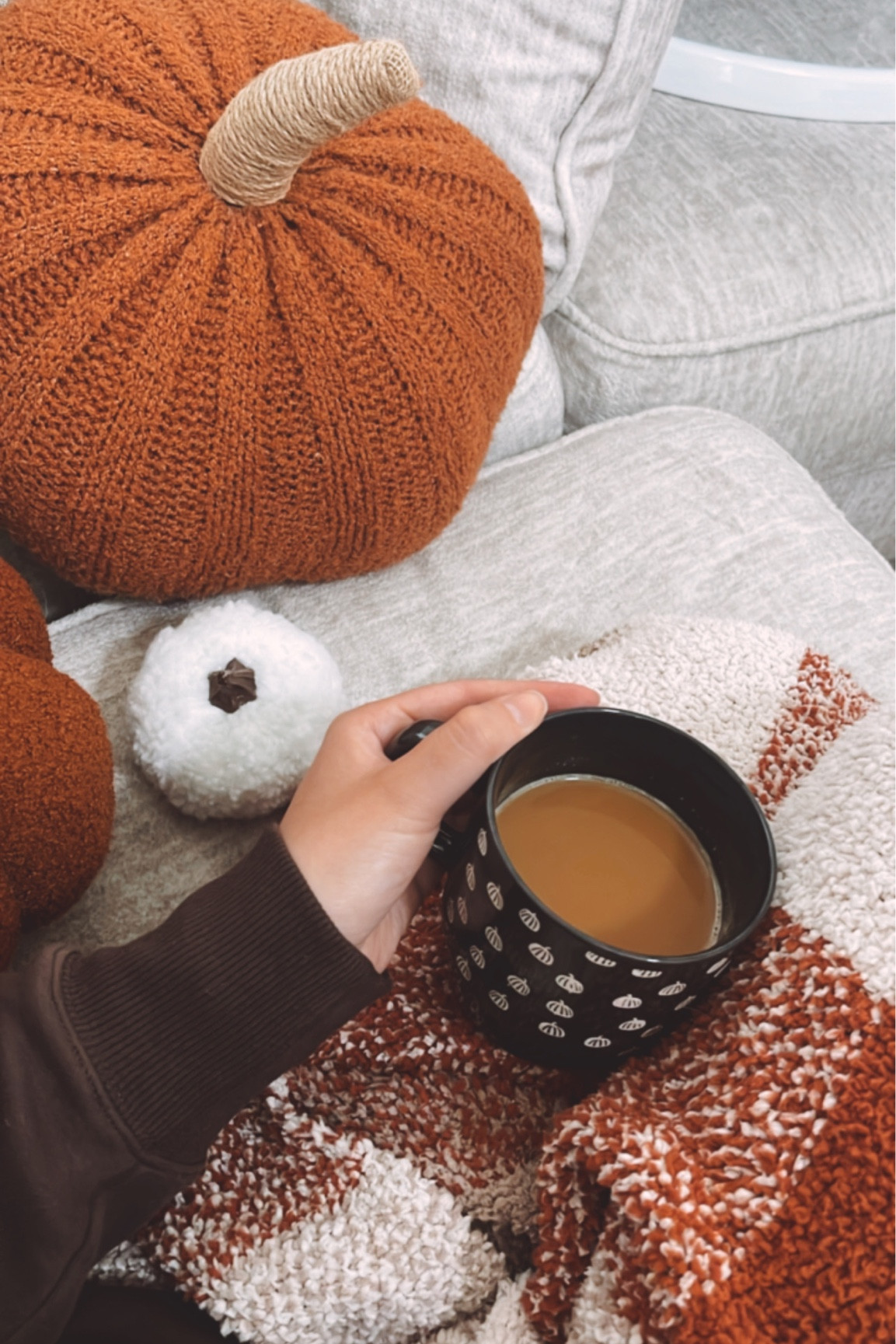 Cozy fall vibes. Cup is Walmart, small white pumpkin is Hobby Lobby & blanket is Homegoods🖤

#LTKSeasonal #LTKhome