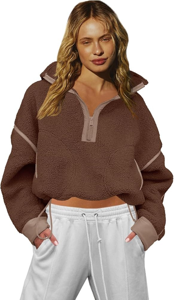LAMISSCHE Half Zip Sweatshirt Women Oversized Sherpa Jacket V Neck Fleece Pullover Hoodie with Po... | Amazon (US)