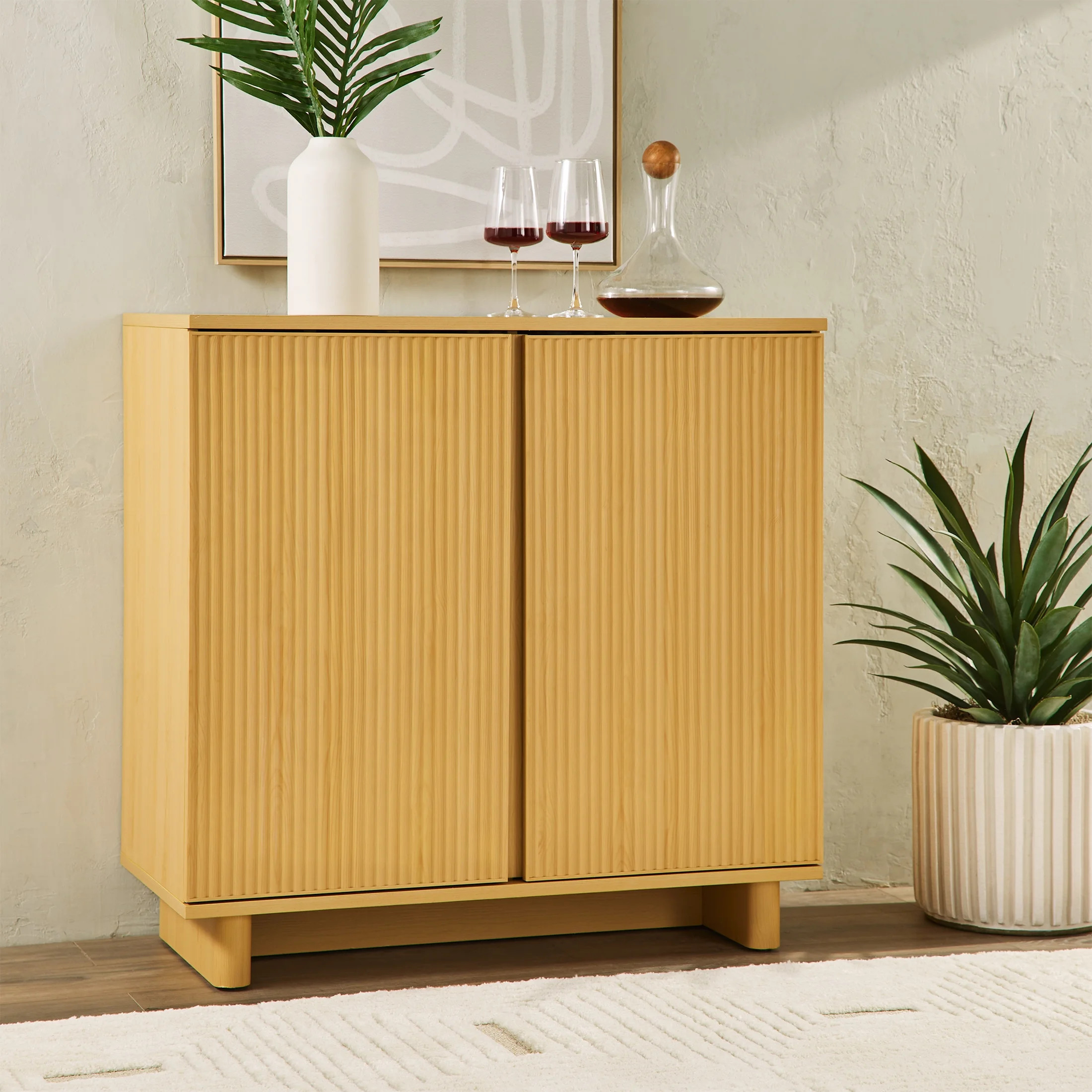 Better Homes & Gardens Lillian Fluted Bar Cabinet, Natural Pine Finish | Walmart (US)