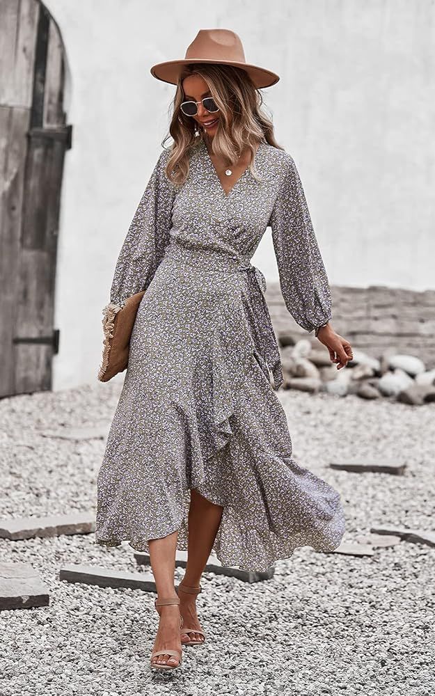 PRETTYGARDEN Women's Long Sleeve Vintage Wrap Dress Floral Print V-Neck Maxi Dresses with Belt | Amazon (US)