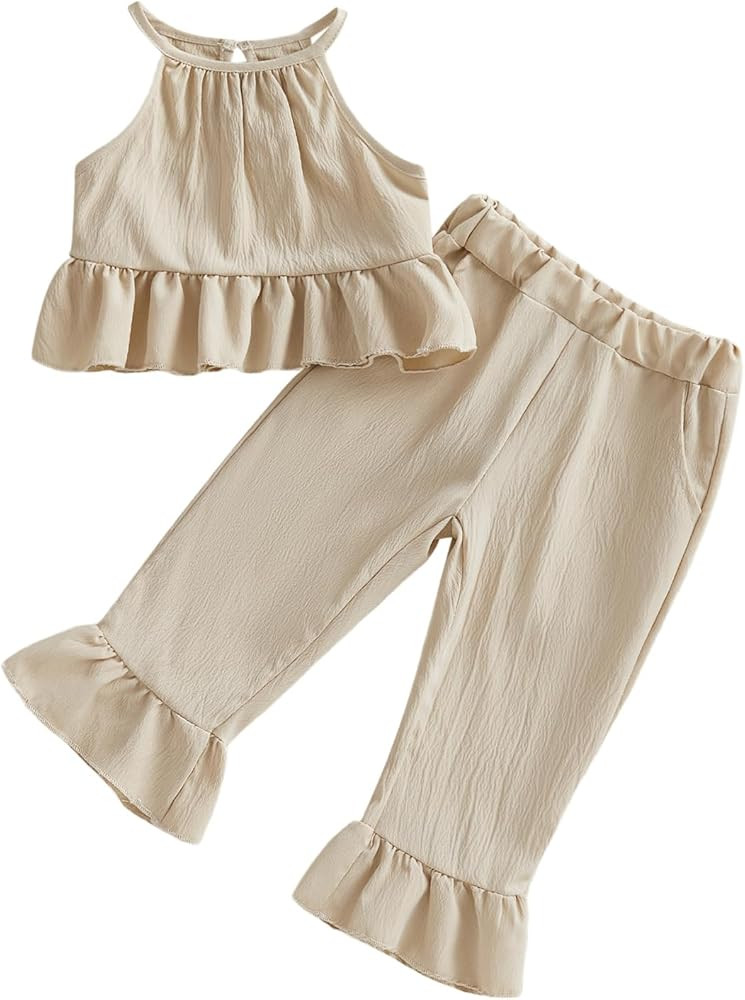 Toddler Girls Clothes Sleeveless Smocked Ruffle Tank Top Pants 2pcs Clothing Set Baby Cute Spring... | Amazon (US)
