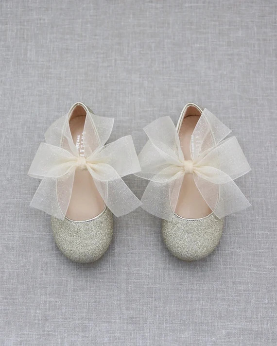 Soft Gold Glitter Maryjane Flats With CHIFFON Bow for Flower - Etsy | Etsy (US)