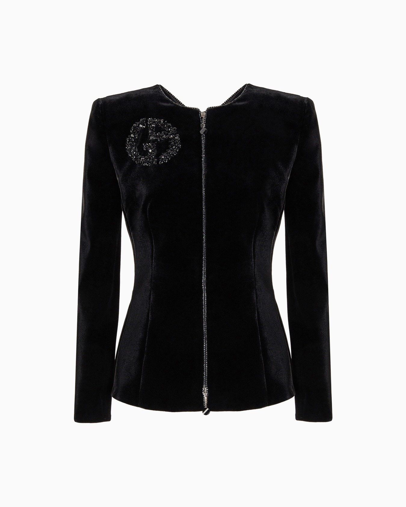 Velvet zip-up jacket with bow detail and embroidery | Armani US