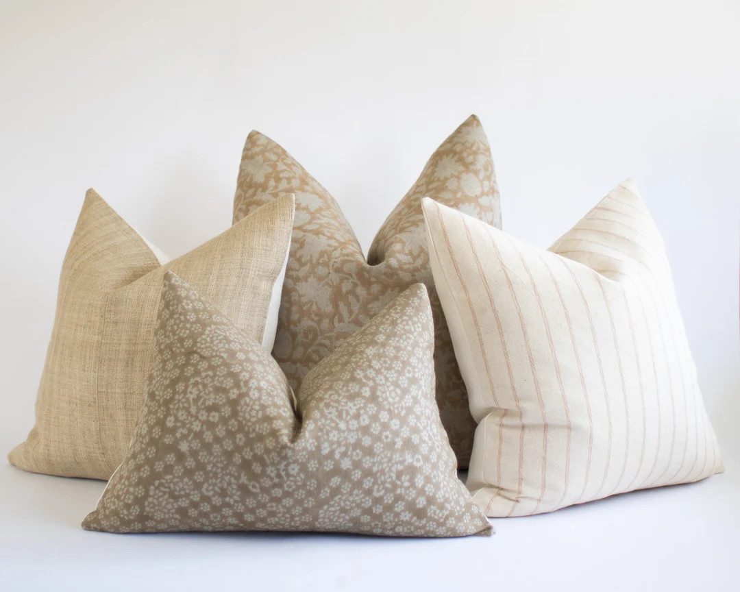 Beige Pillow Combination for Sectional, Neutral Block Print Pillow Set, Hand Block Designer Throw... | Etsy (US)