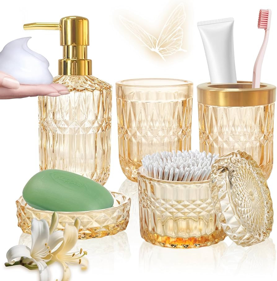 Gold Glass Bathroom Accessories Set - 5Pcs Bathroom Accessories Complete Set,Modern Bathroom Deco... | Amazon (UK)