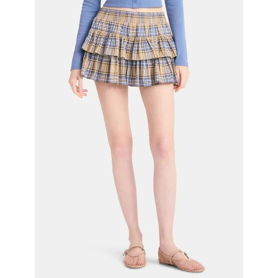 No Boundaries Woven Cotton Plaid Skort, Women's | Walmart (US)