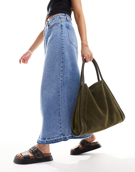 ASOS DESIGN suede tote bag with tubular piping in forest green | ASOS (Global)