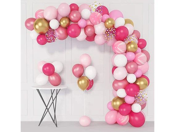 144Pcs Pink Garland Arch Kit, Hot Light Pink Gold White Confetti Latex Metallic Balloons for Birt... | Etsy (US)