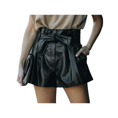 Frobukio Women High Waisted Faux Leather Shorts Wide Leg Leather Shorts Casual Cargo Shorts with Poc | Walmart (US)