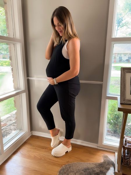 Bumpin in this comfy jumpsuit! Also loving these platform clogs that are comfortable and great for spring and summer! 🖤 #bumpstyle #maternitystyle #pregnant 

#LTKbump #LTKstyletip #LTKunder100