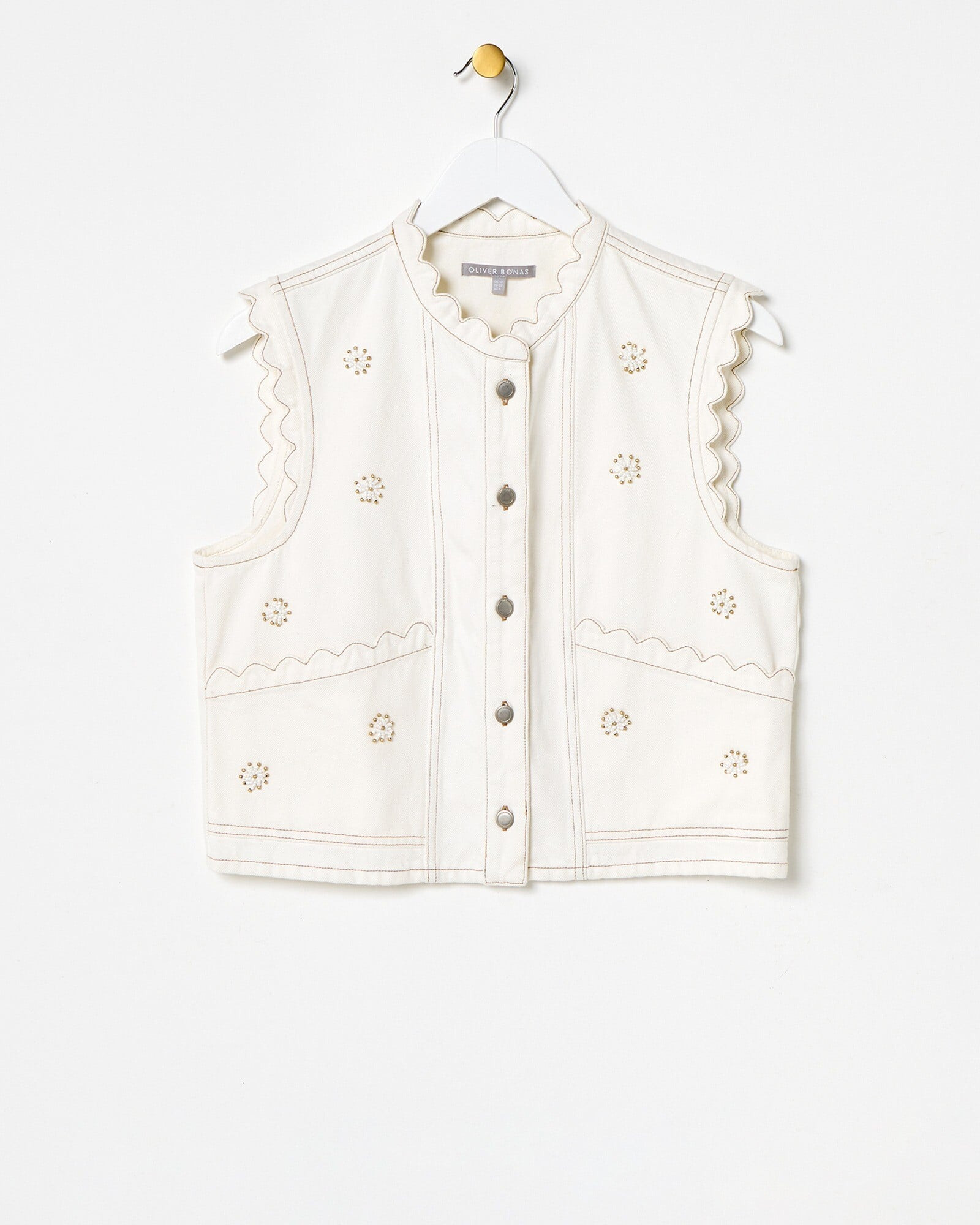 Ecru Cream Beaded Flower Scalloped Denim Waistcoat | Oliver Bonas | Oliver Bonas (Global)