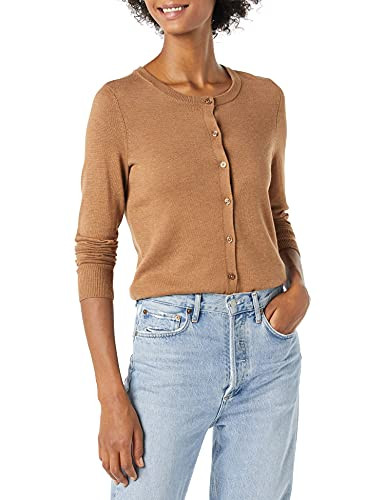 Amazon Essentials Women's Lightweight Crewneck Cardigan Sweater (Available in Plus Size), Camel Heather, X-Small | Amazon (US)