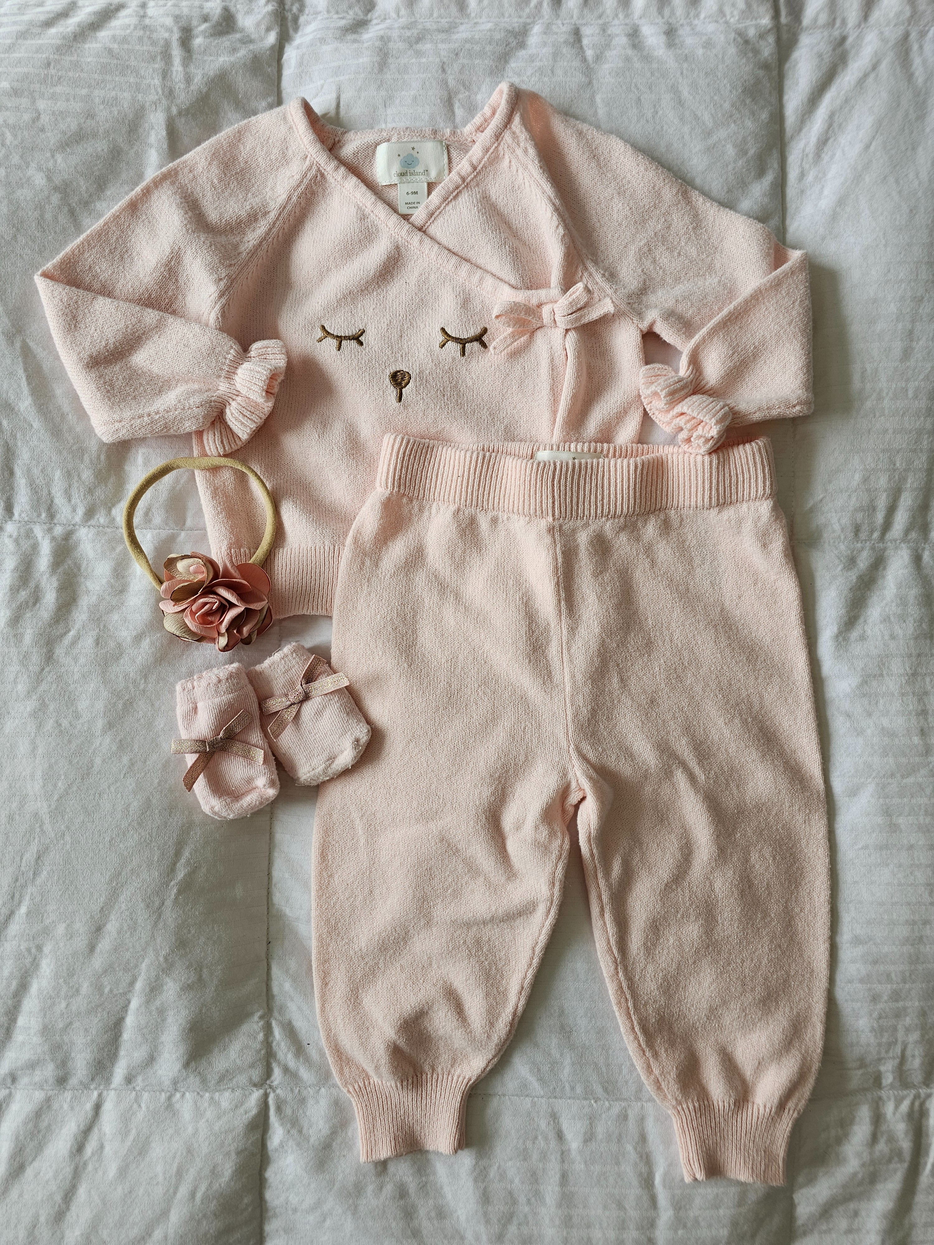 Knit top and joggers set, floral head band, pink bow socks, sleeping face embroidery, bell ruffled sleeves

#LTKgrwm #LTKootd #LTKBaby