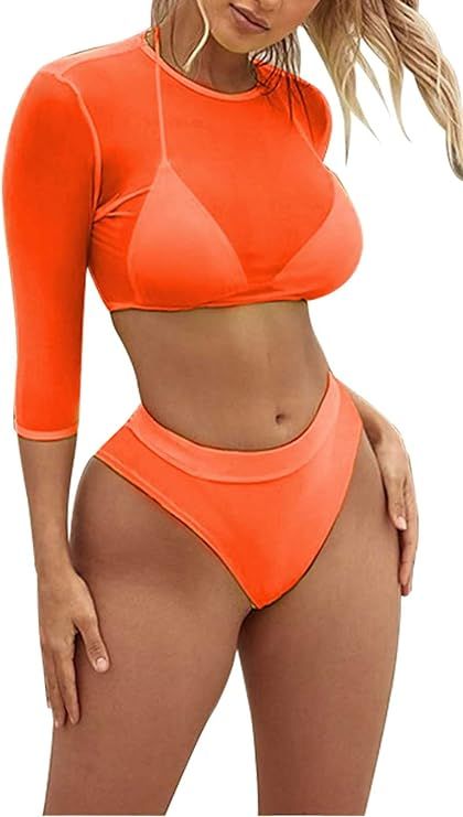 Kisscynest Women's 3 Pieces Swimsuit with Long Sleeve Mesh Shirt Coverup | Amazon (US)