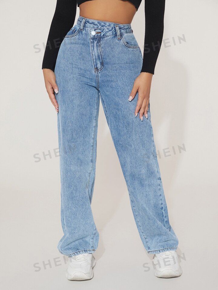 SHEIN PETITE High Waist Straight Leg Jeans | SHEIN