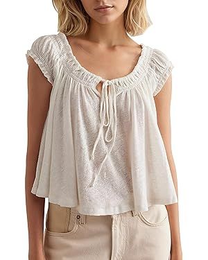 MISSACTIVER Tie Front Short Sleeve Crop Tops for Women Smocked Scoop Neck T Shirts Summer Flowy B... | Amazon (US)