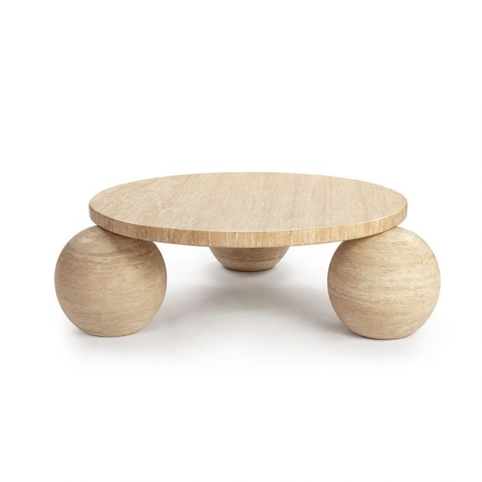 Amara Round Travertine Coffee Table with 3-Sphere Base - Beige Travertine | Eternity Modern