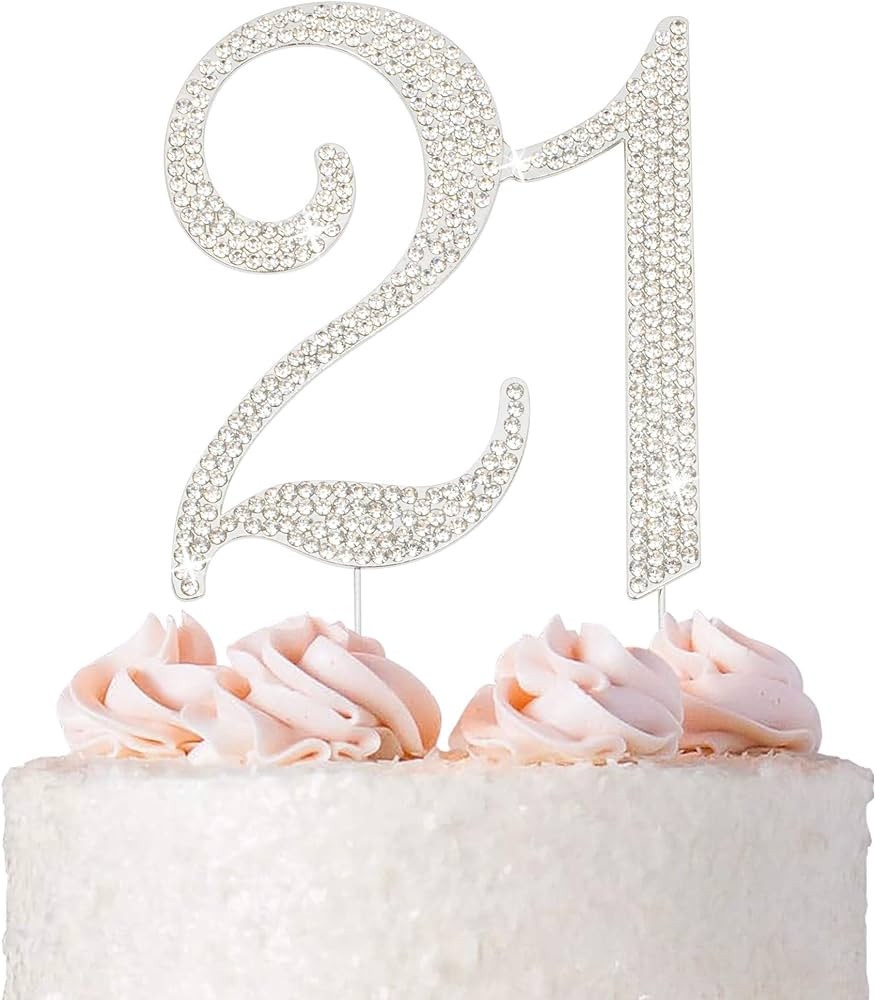 21 Cake Topper - Premium Silver Metal - 21st Birthday Party Sparkly Rhinestone Decoration Makes a... | Amazon (US)