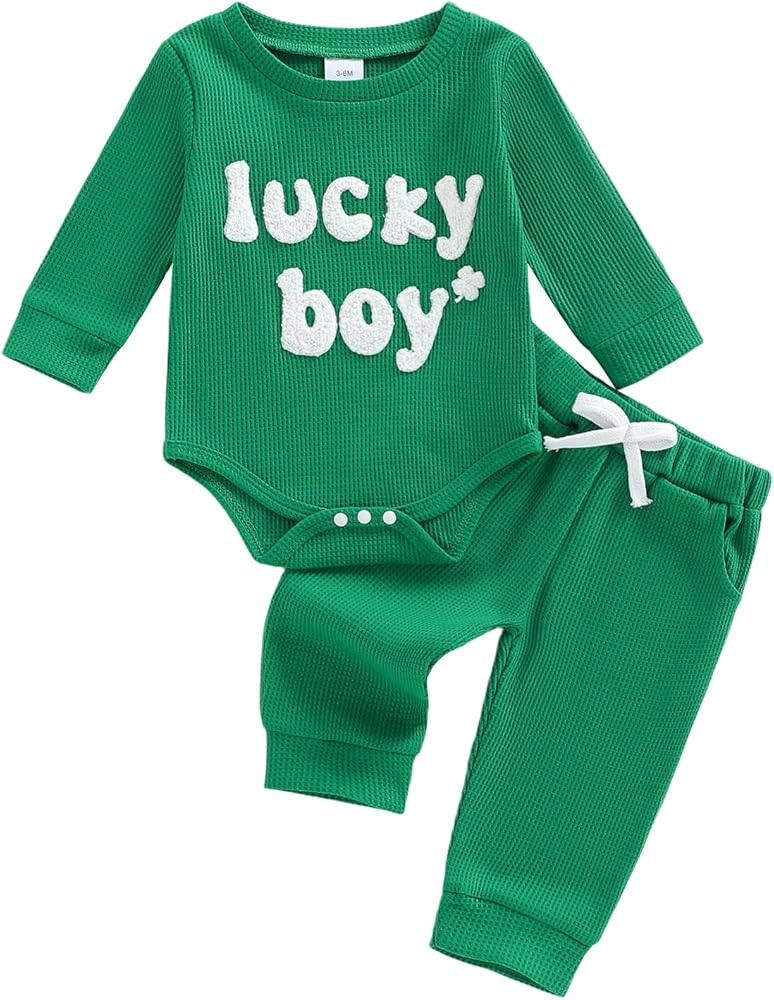 Newborn Baby Boy St Patricks Day Outfit Lucky Boy Embroidery Waffle Long Sleeve Romper Pants Set ... | Amazon (US)