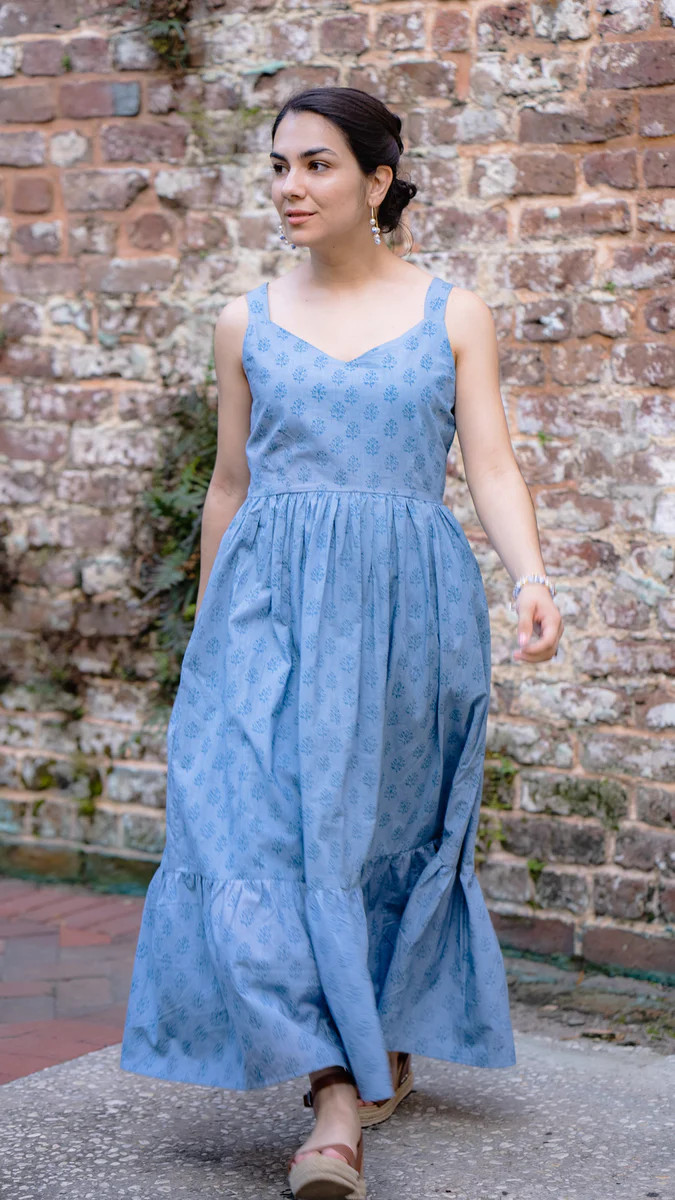 MELANIE V-NECK RUFFLE MIDI DRESS | AZUL | All In The Detail