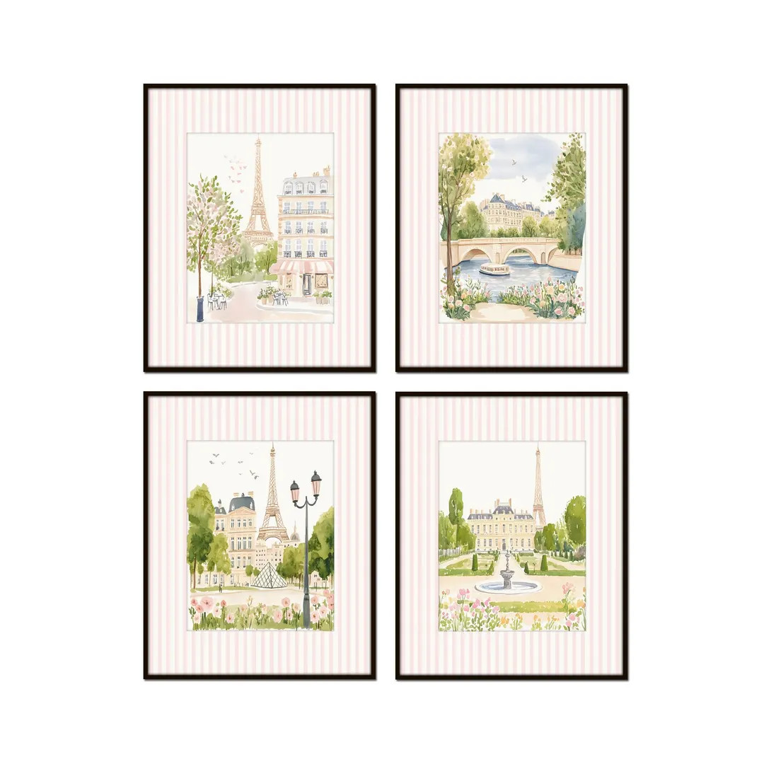 Pink Striped Paris Print Set No. 2, French Cottage Decor, French Travel Prints, Paris Nursery Art... | Etsy (US)