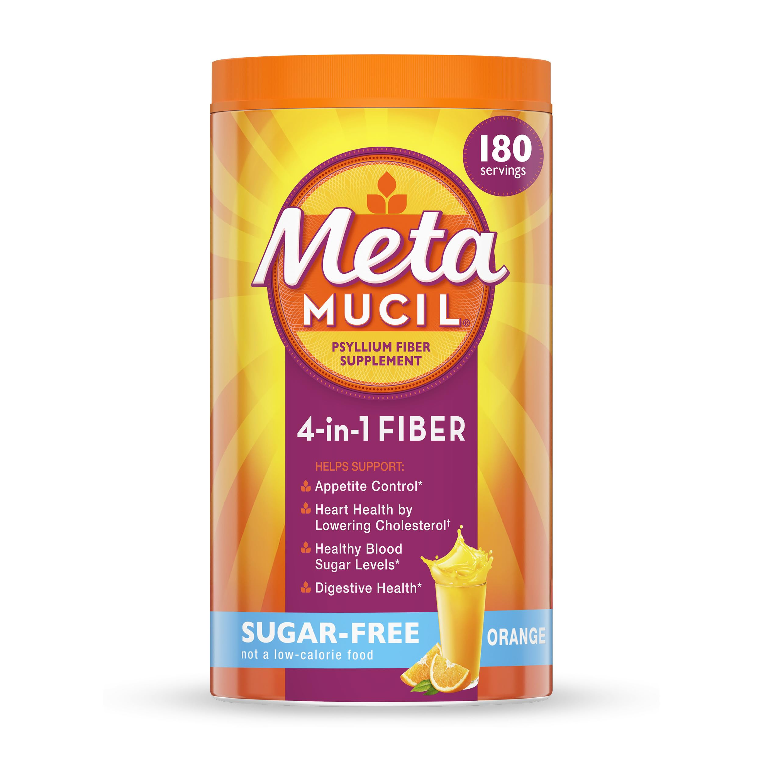 Metamucil 4-in-1 Psyllium Husk GLP-1 Friendly Fiber Supplement, Sugar-Free, 180 teaspoons, Orange... | Amazon (US)