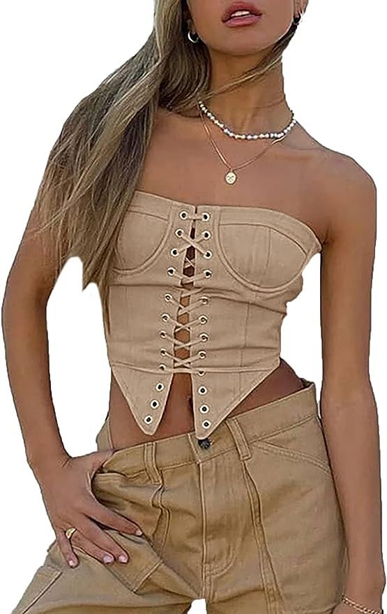 Corset Top Backless Sleeveless Strapless Mesh Bustier Corset Tops for Women Fashion Y2K | Amazon (US)