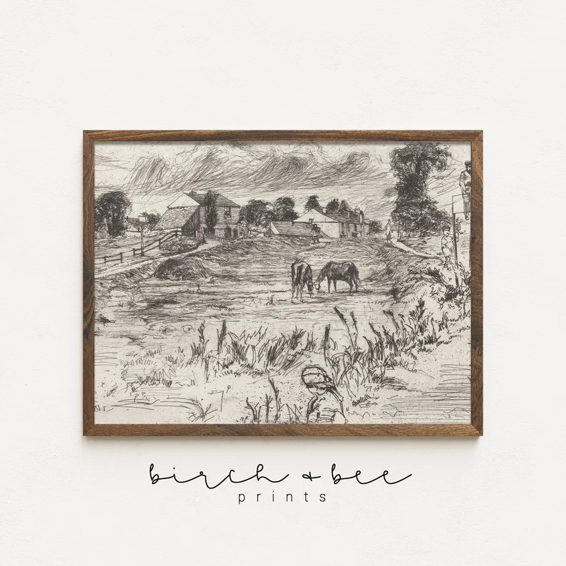 Landscape With Horses Sketch  Vintage Farmhouse Wall Art - Etsy | Etsy (US)