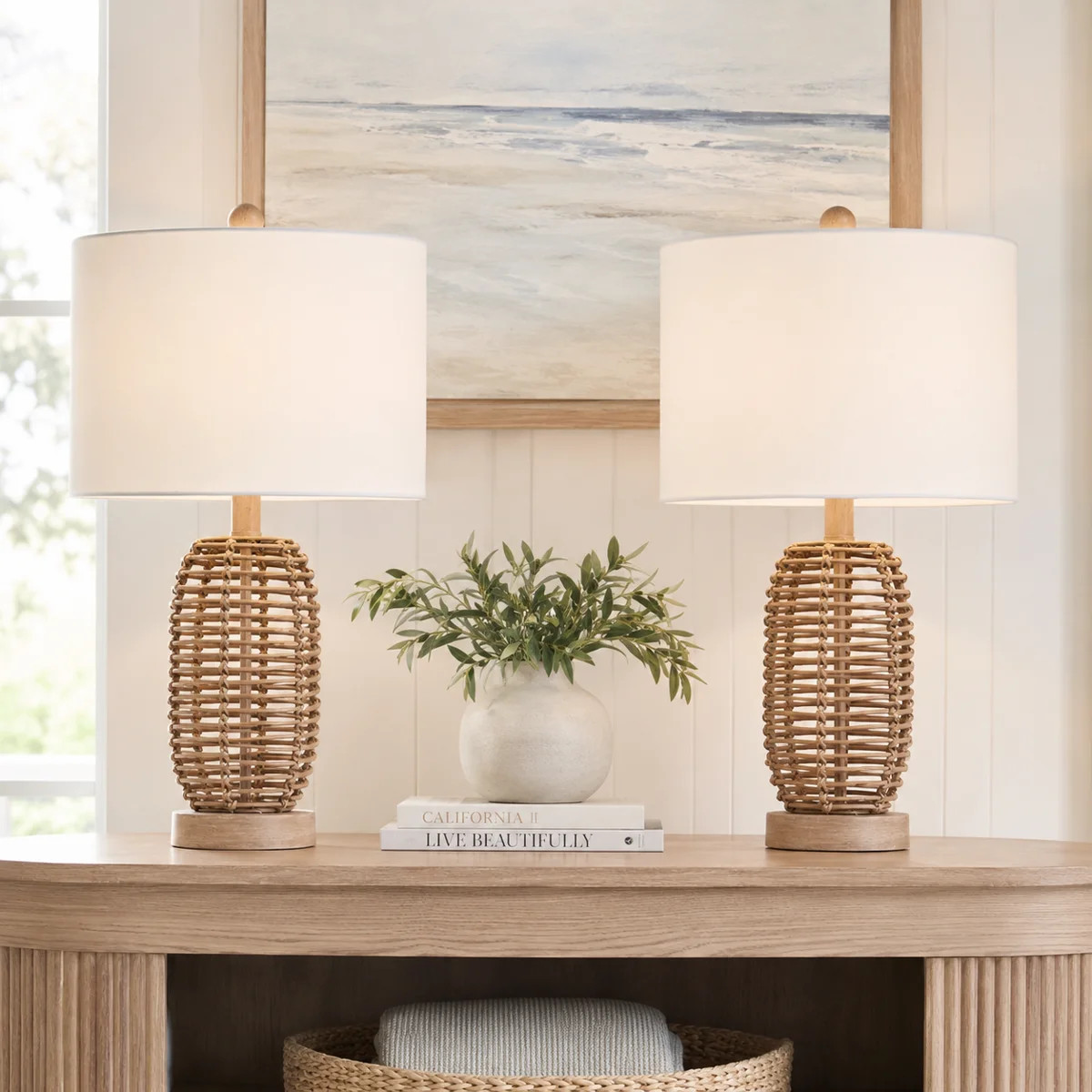 Arcola 21" Wicker Rattan Table Lamp with Knob Switch and White Linen Shade (Set of 2) | Wayfair North America