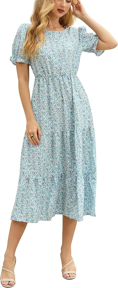 GRECERELLE Women's 2025 Spring Summer Casual Loose Round Neck Boho Dress Ruffle Puff Sleeve High ... | Amazon (US)