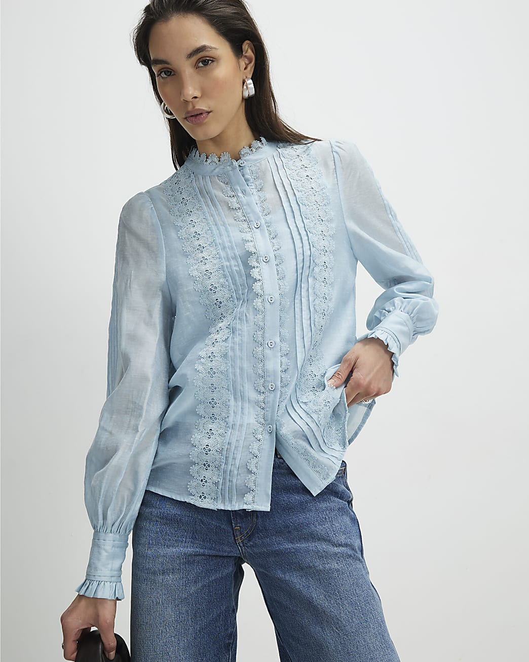 Blue Broderie Long Sleeve Shirt | River Island UK & IE