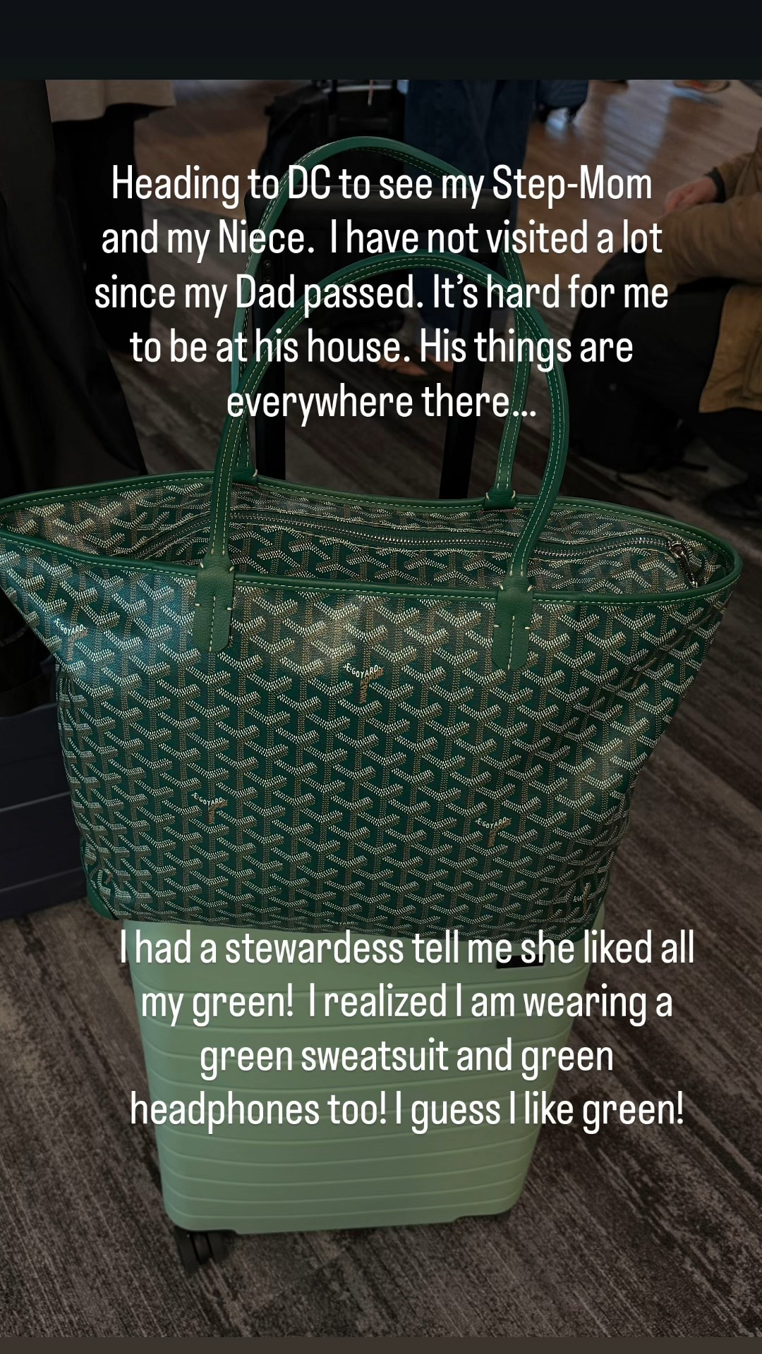 On my first trip to the east coast this holiday season. I have a lot of family either in Northern California or on the east coast! It turns out I am wearing green, have green luggage and green headphones! lol #awayluggage #goyard #bose #aviatornation #green #sweats

#LTKHoliday #LTKTravel #LTKActive