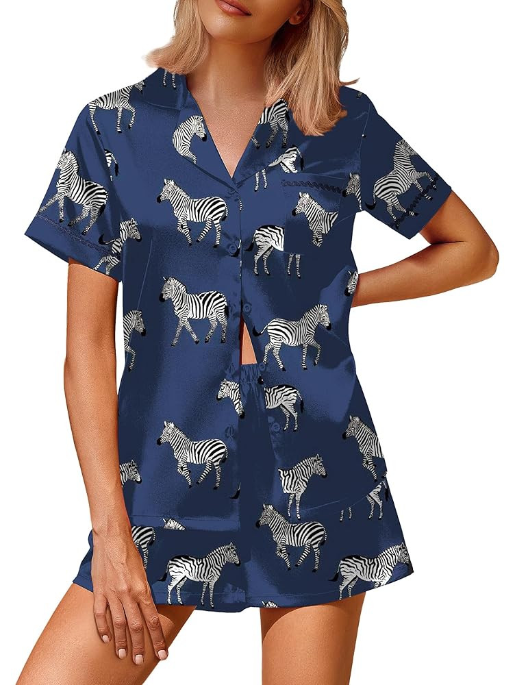 Ekouaer Silk Satin Pajamas 2 Piece Pajamas for Women Set Button Down PJ Short Sleeve and Shorts P... | Amazon (US)