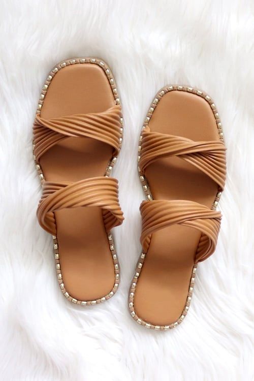 Ribbed Two Band Twisted Studded Sandals Slides-Camel Brown | Fashion Junkee